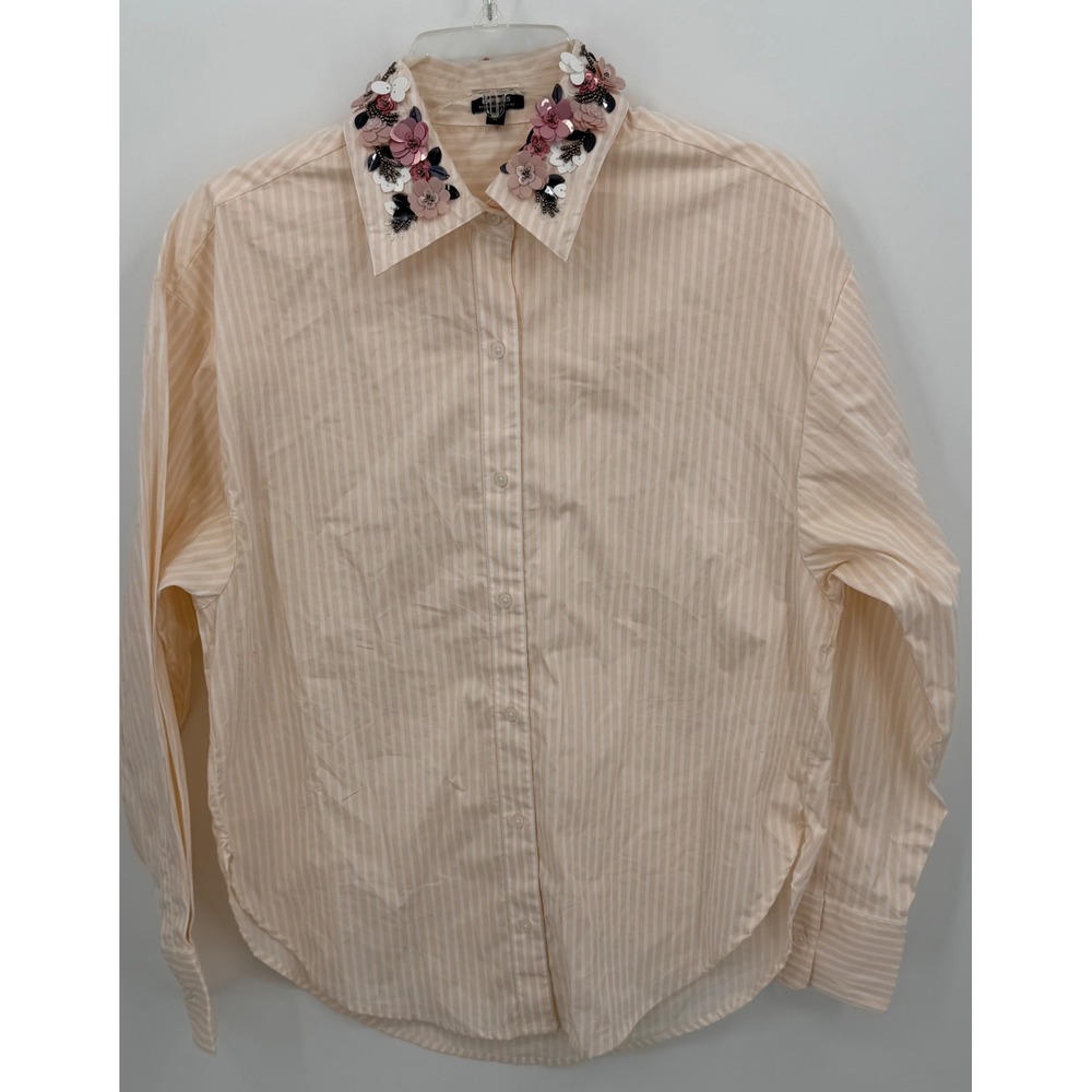 Express Boyfriend‎ Portofino Shirt Women XS Pink White Floral Applique Collar